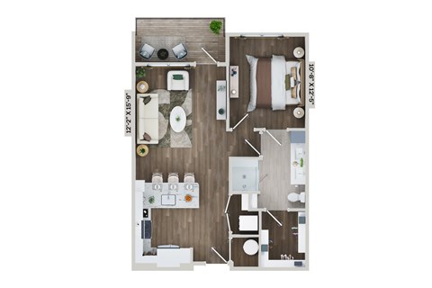 Floor plan for 1 bed, 1 bath, 730 sqft